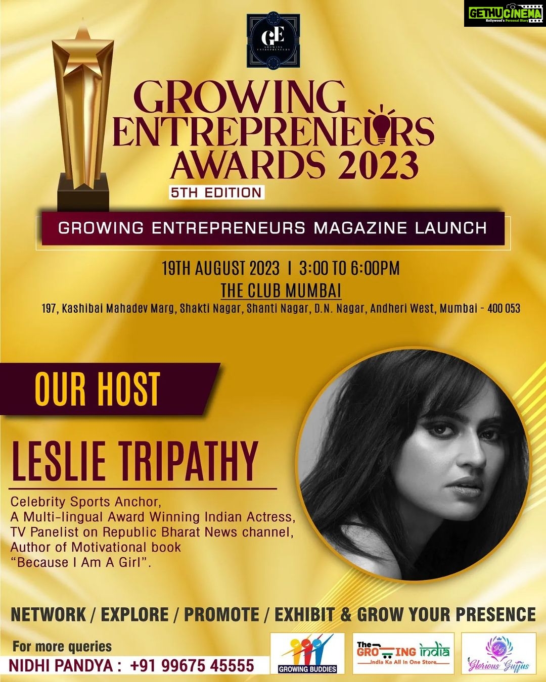 Leslie Tripathy Instagram - We are super happy and excited to announce our fabulous Host for our #Geentreprenueraward and magazine launch on occasion of our 4 th anniversary bash of our community @leslietripathy Celebrity Host It's a great pleasure having you ....π See you on 19 th August Saturday atπ@theclubmumbai,D N Nagar,Andheri West ,Mumbai from 3 to 6 pm We cordially invite you all to come ,register and be a part of our celebration ππ Entry tickets 999 with High tea and Networking opportunities,exchanging cards and your introduction on stage, Exhibit your products ,media presence,celebrity presence , growing entrepreneur meet connect ,brandvisibilty .... don't miss this opportunity because Network is your Networth Follow @nidhi_pandya5555 @growingentrepreneursng #Nidhipandya #growingentreprenuer #4Thanniversarybash #geentreprenueraward #gemagazinelaunch #networkingmeet #brandvisibility The Club Mumbai