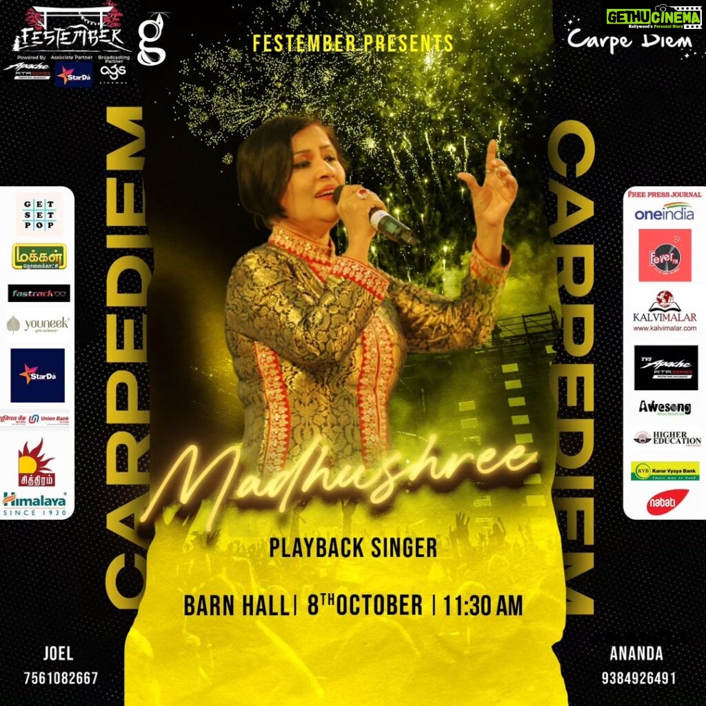 Madhushree Instagram - From her enchanting ‘In Lamhon ke Daaman mein’, to countless Bollywood classics, iconic Tamil and Telugu hits, her songs have stolen hearts worldwide. Join us as she shares her incredible journey, insights, and the invaluable lessons she has learnt along the way. As part of the Carpe Diem guest lecture series, Festember ’23 proudly presents the incomparable Madhushree. #Festember#Festember23 #KyotoChronicles #guestlecture #CarpeDiem #Madhushree #singer