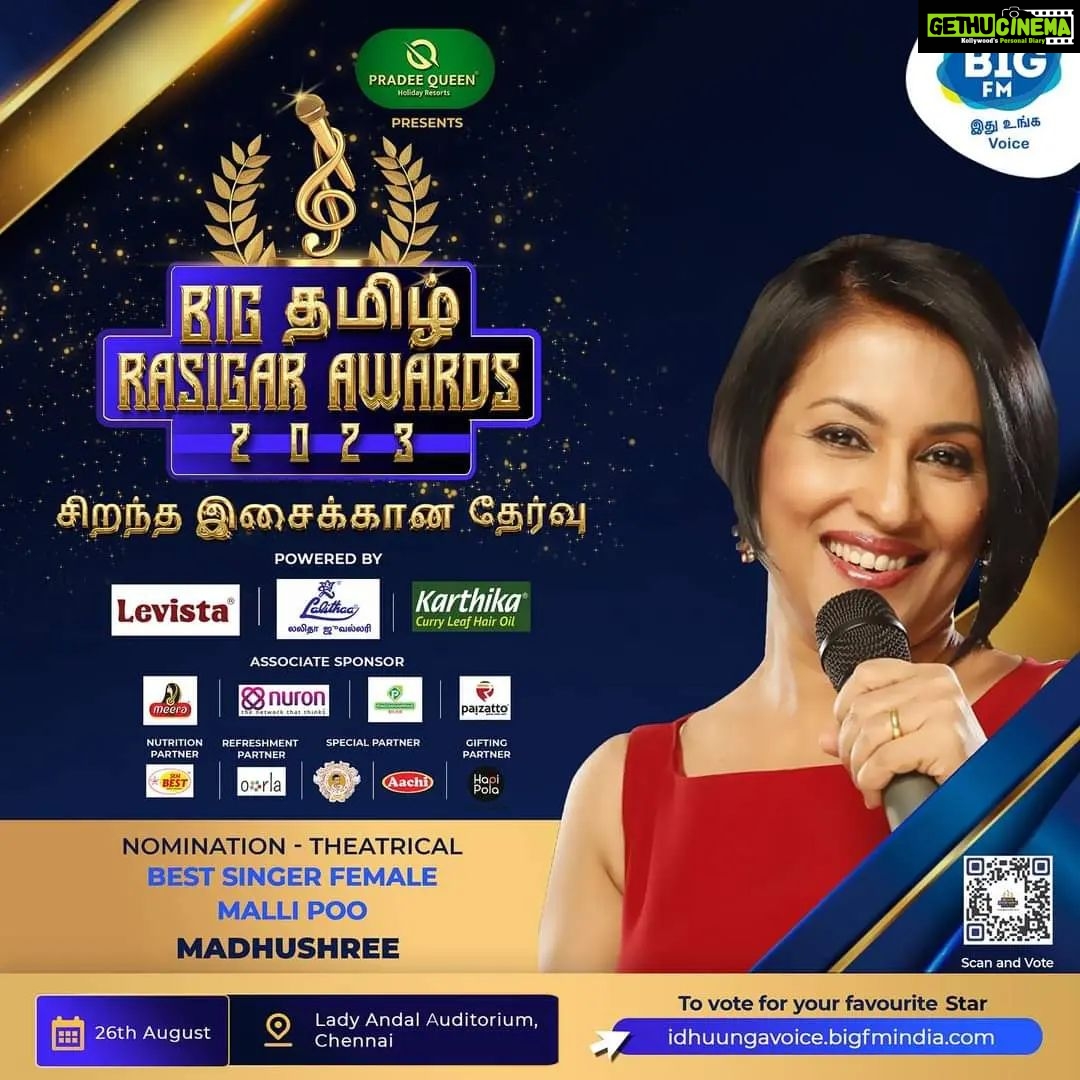 Madhushree Instagram - It’s You who can make @madhushreemusic ji win the award for the Best Playback Singer (Female) for 2022. ❤️ Vote for Madhushree! 💕 @madhushreemusic @arrahman #mallipoo Visit - idhuungavoice.bigfmindia.com to vote for BIG TAMIL RASIGAR AWARDS 🎵 #arrahman #music #tamilmusic #BTRA #bigtamilrasigarawards #bigfm #bigfmtamil #madhushree #madhushreelive #madhushreesongs #arrahmansongs #awards #awardnominee #MadhushreeSingsMallipoo Chennai, India