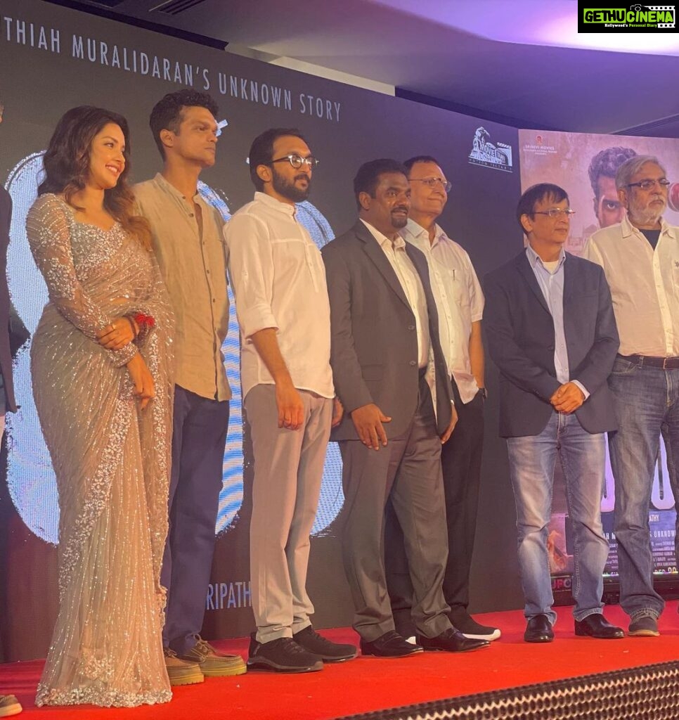 Mahima Nambiar Instagram - I couldn’t have asked for more Three legends in one frame ❤️ Will cherish this moment forever . Some pictures from the trailer launch of my next #800 The unknown story of Muthiah Muralitharan @murali_800 Sír. Extremely happy and proud to have played Madhi Malar ji @madhimalar his wife in the film. Can’t wait for all of you to watch the film. Special thanks to @sachintendulkar Sír and @sanath_jayasuriya Sír For gracing the event with their presence.I’m still Star-Struck Thank you DirSripathy @mad.mittal @rdrajasekar.isc Outfit and styling @studio149 #800 #Muthaiahmuralitharan #biopic #sachin #sanath #starstruck #excited #cantwait
