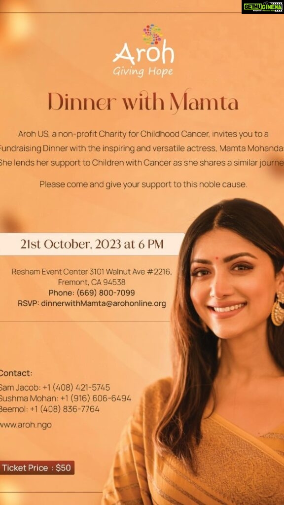 Mamta Mohandas Instagram - Come join me in Fremont, CA on the 21st of October at the Resham Event center for a dinner gathering organized by @arohngoofficial and all your contribution & proceedings is going to make a difference in the lives of innocent children fighting cancer in India. I’m looking forward to meeting you all there and making it memorable for myself and my family too as I am bringing my parents who have been and still are my core pillars of strength in my survival story to this occasion. Cuz we ‘get’ you & you are not alone in this @nvmohandas @mohandasganga For more details and registration info pls call or text +1 (408) 836-7764. Let’s share our journeys … 🤗 💗 🎗