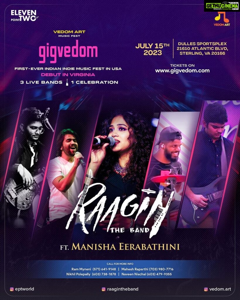Manisha Eerabathini Instagram - Announcing Raagin The Band @raagintheband, the first Telugu rock band in USA, featuring the sensational Manisha Eerabathini @manisha.eerabathini as our third band in the lineup for GIGVEDOM, the First-Ever Indian Indie Music Fest in USA, presented by VEDOM ART @vedom.art in collaboration with Eleven Point Two @eptworld! 3 Bands! 5 Languages! 1 Celebration! Electrifying heavy metal and alternative rock rendition of Tamil and Malayalam chartbusters. Indie folk-pop and soul-stirring originals in Hindi and English. Popular Telugu hit cover songs. Are you ready for a new experience? Are you ready for GIGVEDOM? Prepare for an extraordinary musical extravaganza as the up-and-coming Raagin The Band presents an unforgettable concert featuring the sensational Manisha Eerabathini! Raagin's passion for music shines through every note, leaving audiences spellbound and craving for more. The breathtaking talent of Manisha, her soulful and melodious voice, captivated millions across the Telugu states and USA. Manisha is popular for her vocals in Bheemla Nayak, Sarkaru Vaari Paata, Ee Nagaraniki Emaindi, remix covers, and many more. The combined forces of Raagin and Manisha promise an evening of unparalleled musical brilliance. Get your passes now at www.gigvedom.com! #gigvedom #dmv #dclivemusic #virginia #maryland #washingtondc #indianmusic #telugu #dmvlivemusic #musicfestival #indiemusic DMV