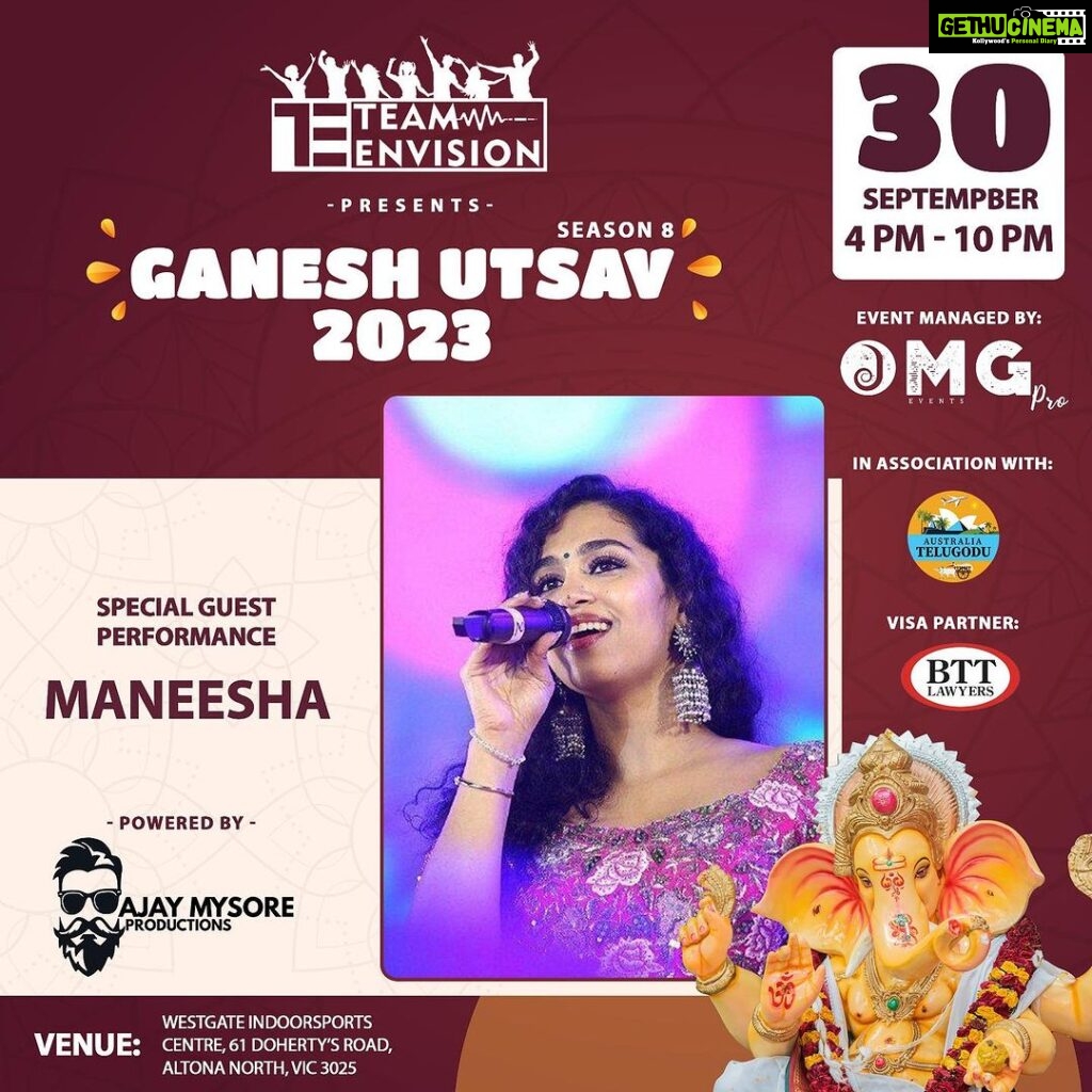 Manisha Eerabathini Instagram - 🎤 Announcing a Special Performance! 🎶 Get ready to be mesmerized by the soulful tunes of @manisha.eerabathini - the talented singer with a voice that touches hearts. 🌟 Join us on September 30th at @australia_team_envision ‘s Ganesh Utsav Season 8 for a special musical experience that will leave you spellbound. 🎵 Don't miss this unforgettable performance! Save the date and let's make it an evening to remember! 🥳 #teamenvisionganeshustav2023❤ #specialperformance #manishaeerabathini #australia #melbourne #guest #indiansinaustralia #telugu #telugustudents #singer #australiatelugustudents #internationalstudents #music #omgproevents #australiatelugodu #ganeshfestival #ganeshutsav #ganesha Westgate Indoor Sports