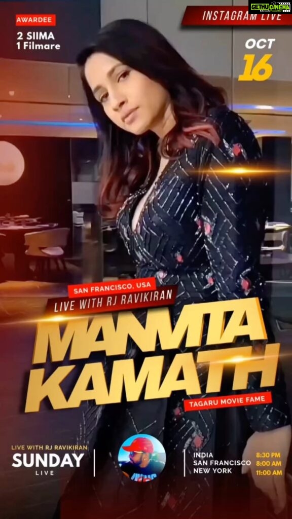 Manvita Kamath Instagram - Manvita Kamath of Tagaru movie fame. 2 times SIIMA award winner , 1 Filmfare award , very talented namma kandadathi coming live with me from San Francisco lthis Sunday INDIA 8:30 PM, US 8:00 AM ! This will be super fun , I will take in few callers from all over too and add you into the live stream #manvitaharish #manvitakamath #manvitafans #shivanna #kannada #nammasandalwood #kicchasudeep #vikrantrona #rakkamma #livestream #sanfrancisco