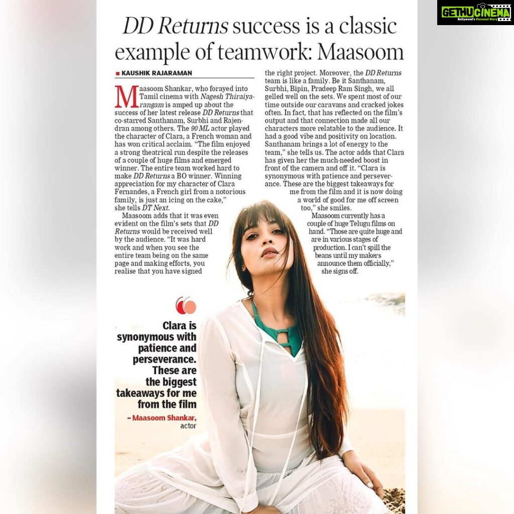 Masoom Shankar Instagram - Actor @masoomshankarofficial , who is amped up about the success of her latest release '#DDReturns', shares with @iamkaushikr about her role as Clara Fernandes in the film, her co-actors & much more. @surofficial @premanand031 @rkentrtaiment #MaasoomShankar #DDReturns #Santhanam #NageshThiraiyarangam #90ML #ClaraFernandes #TamilCinema #Kollywood #cinema #cinemaupdate #news #newsupdate #todaysnews #dailynews #entertainment #entertainmentnews #NewswithDTNext #DTNextNews #DTNextEntertainment #DTNext