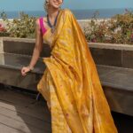 Meenakshi Chaudhary Instagram - Shining bright like the ☀️ Styled by - @riechamallick Outfit - @warpnweftbysagrikarai Jewellery - @karnikajewelshyd Make up - @hariprasad_mua Photos edited by - @afrographer Chennai, India