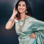 Meenakshi Chaudhary Instagram - 🦋🦋🦋 . . . . Styled by @riechamallick Outfit by @real_weaverstory Jewellery by @goyazsilverjewellery Shot by @pranav.foto Make up @nehabagga21 Hair @chinnisrinu_stylist