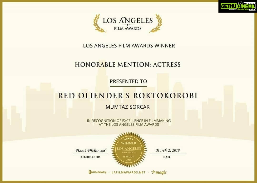 Mumtaz Sorcar - 3 Likes - After a whole day of shoot i finally got some time to share this news with you all.... Feels great to receive such an award...specially for a film that is so special to me.
Thank you Amitava Bhattacharya for believing in me and taking the best out of me... Thank you Naiyer Ghufran for always capturing the best of me.... Thank you Amit da and team for editing and finishing the film so well.... Thank you nileshda and team for taking care of every need of mine... Thank you Debojyoti Mishra for creating magic once again...
Thank you to all my co-stars who were such amazing support....
Last but not the least...thank you Rituparna Thakur and Ashis Ghosh for everything... I'm really lucky to have you ppl in my life... This is for us team Raktokarobi!!