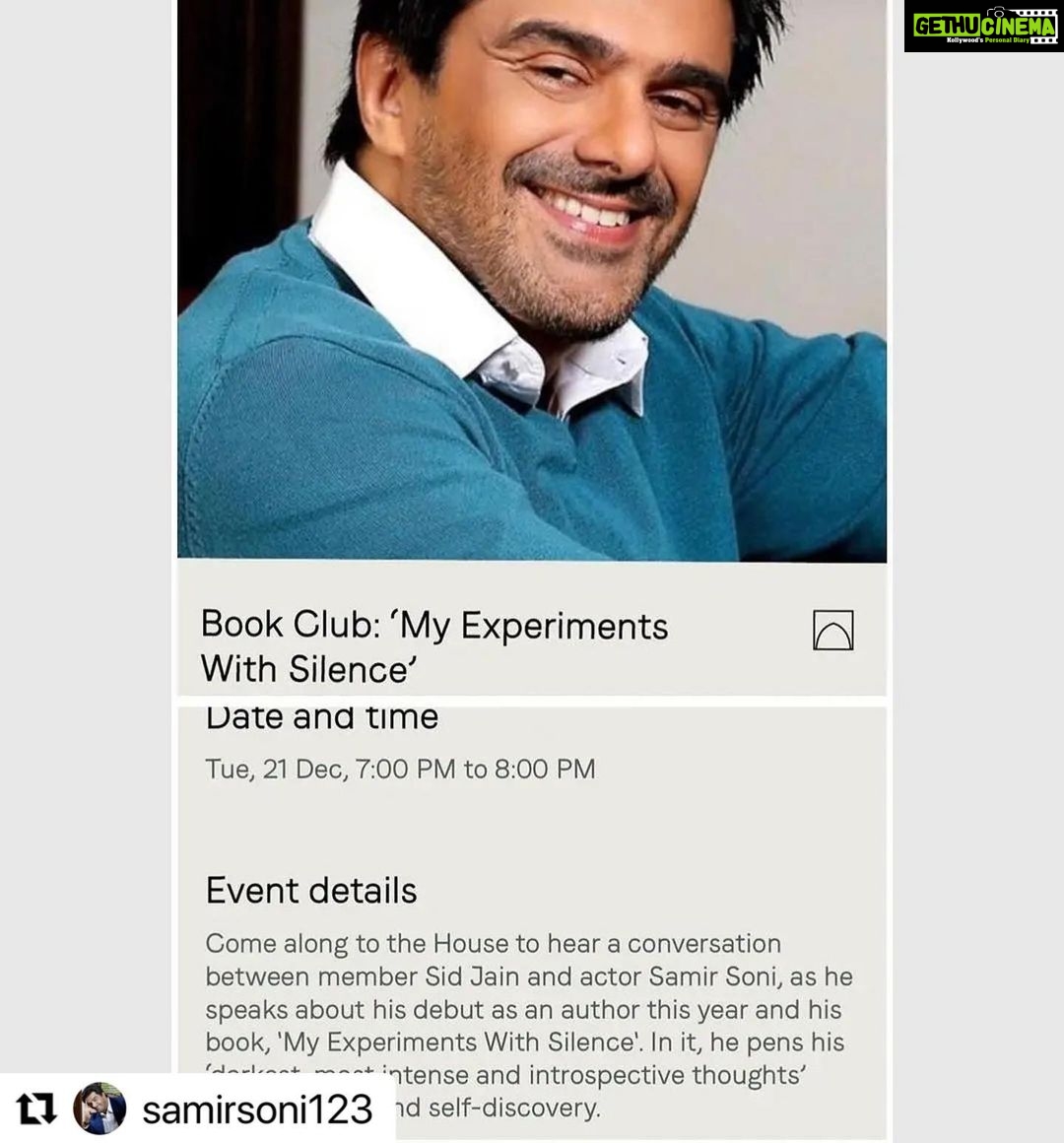 Neelam Kothari Instagram - #Repost @samirsoni123 with @make_repost ・・・ Reposted from @_sidharth_jain_ Look forward to a fun and insightful chat with @samirsoni123 tomrw at #SohoHouseMumbai. In collaboration with @thesunflowerseedsco. Do get a copy of his new book @ombookshop #MyExperimentsWithSilence. #NeverStopTellingStories at #thestoryink
