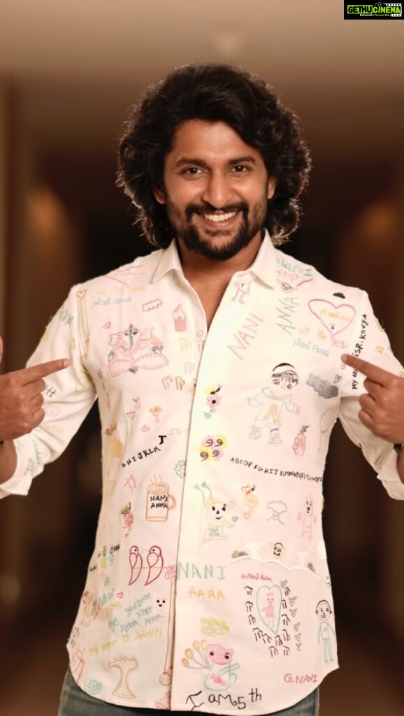 Neeraja Kona Instagram - This one was special❤ I wanted to incorporate something personal and unique into most of the looks for Nani as part of his promotion looks for Dasara. And anyone who knows Nani knows his love for kids and that’s how this shirt came into being. I have long been associated with the wonderful team of V Care and the kids they take care of. The kids are big fans of “Nani Anna” and they were so excited to draw and write wishes for their fav hero. Once that was done my very dear friend Varun Chakillam helped me bring it to life at his studio with his amazing kaarigars. And all of this was so beautifully captured by the talented boys at Chaibiskit :) The shirt and that evening- were both very memorable for all of us involved! @nameisnani :) #Dasara @vcare_ngo @varunchakkilam Thank u 😊 @chaibisket Video Editors - @harish_adapaka @vamsinotpaidipally DOP - @nikhil_sai_s Photo Editor - @mr_baatasari Co-ordinators - @harsha009_7, @jaswanthkoya