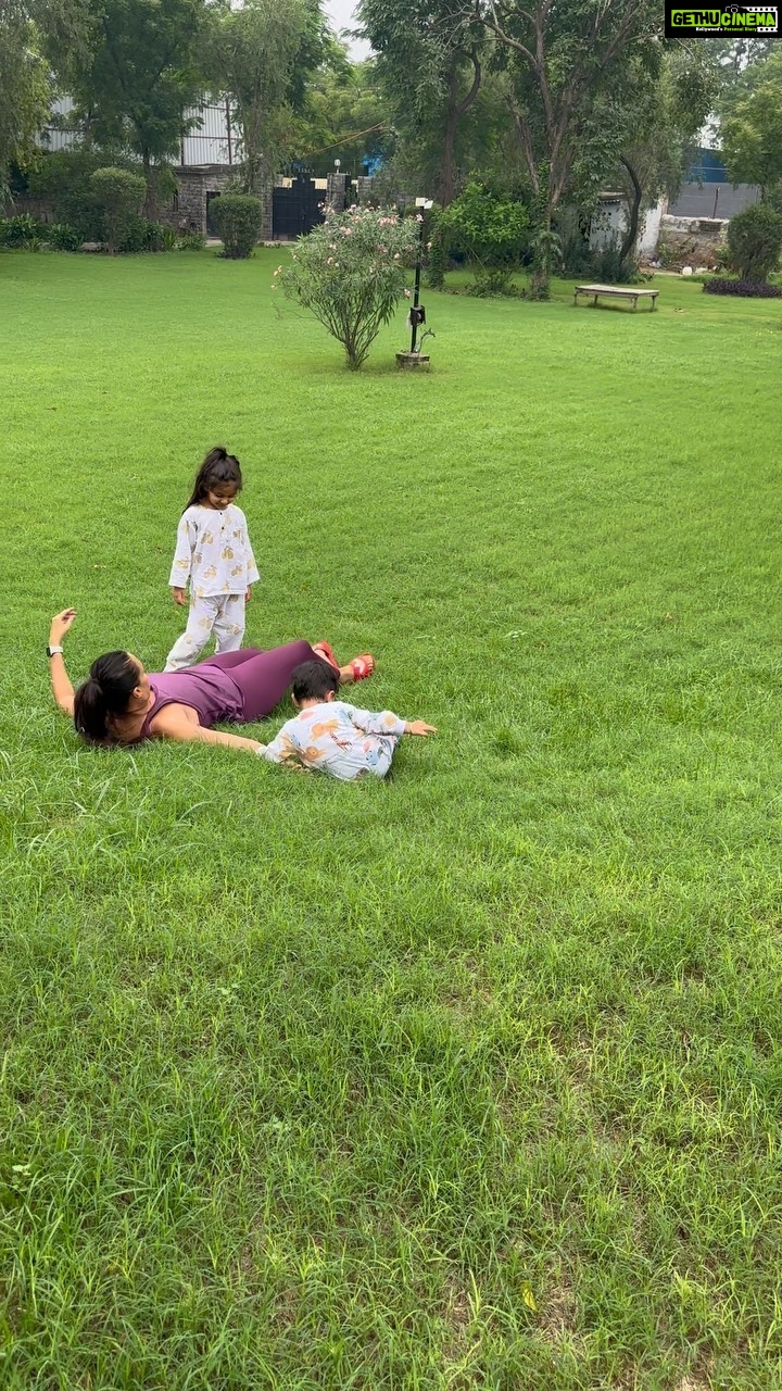 Neha Dhupia Instagram - Jus these two ♥️♥️ rolling around in the grass … and being blessed by #dada #daadi … our #simplesummer 🏠♥️ 🧿