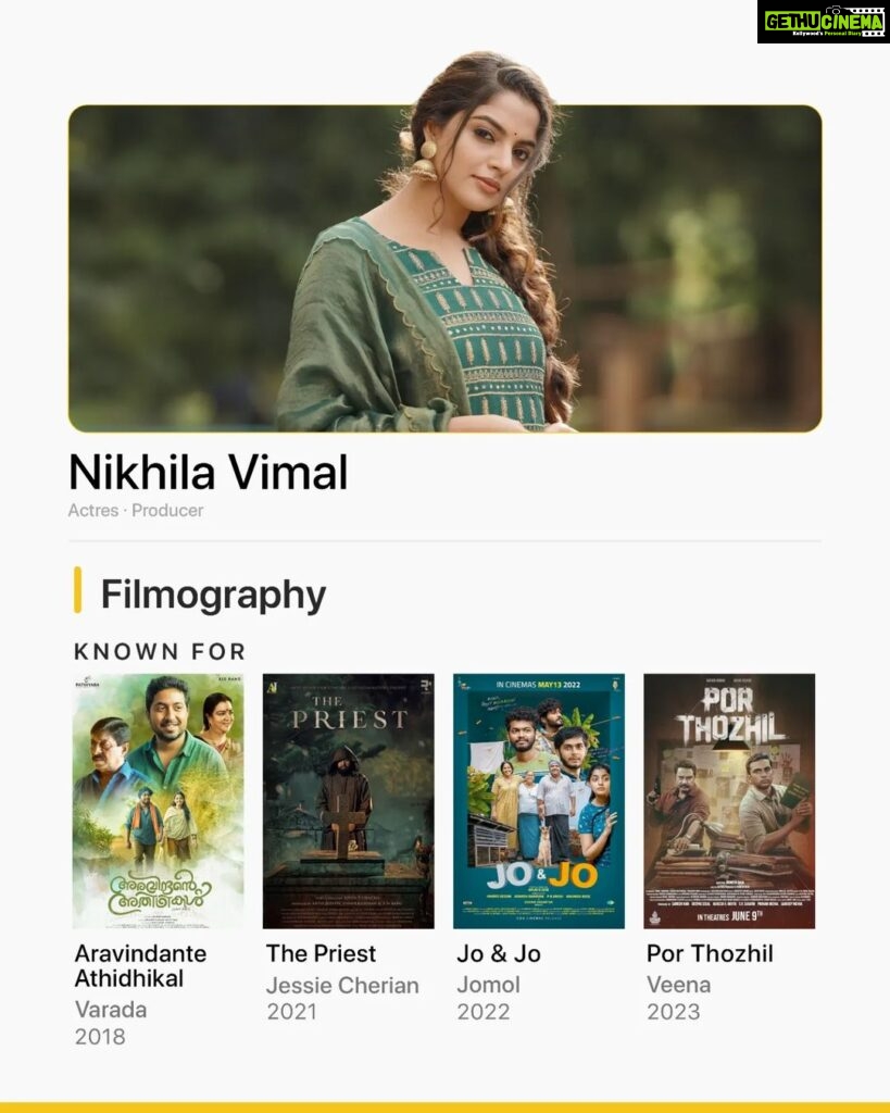 Nikhila Vimal Instagram - Having debuted as a child actor in Bhagyadevatha in 2009 to Por Thozhil in 2023, @nikhilavimalofficial has worked in the spheres of movies, OTT and Television. Here's looking at the work she's known for 💛 Which is your favourite work of hers? 🎬: Aravindante Athidhikal I Disney+ Hotstar The Priest I Prime Video Jo & Jo | Prime Video Por Thozhil I Sony LIV