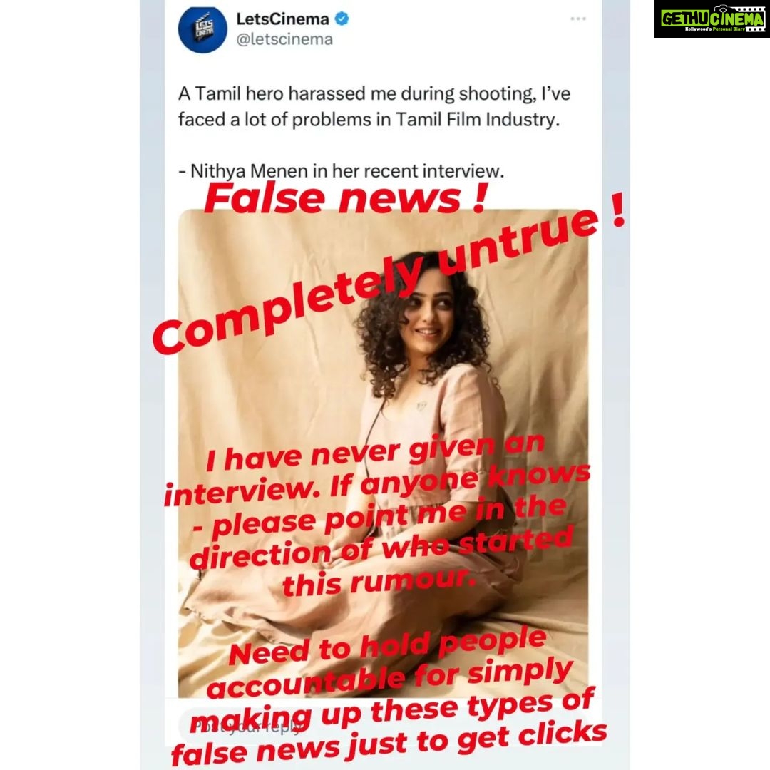 Nithya Menen Instagram - It's very sad that certain sections of journalism have come down to this. I urge you - Be Better than this ! 😊 #stopfakenews