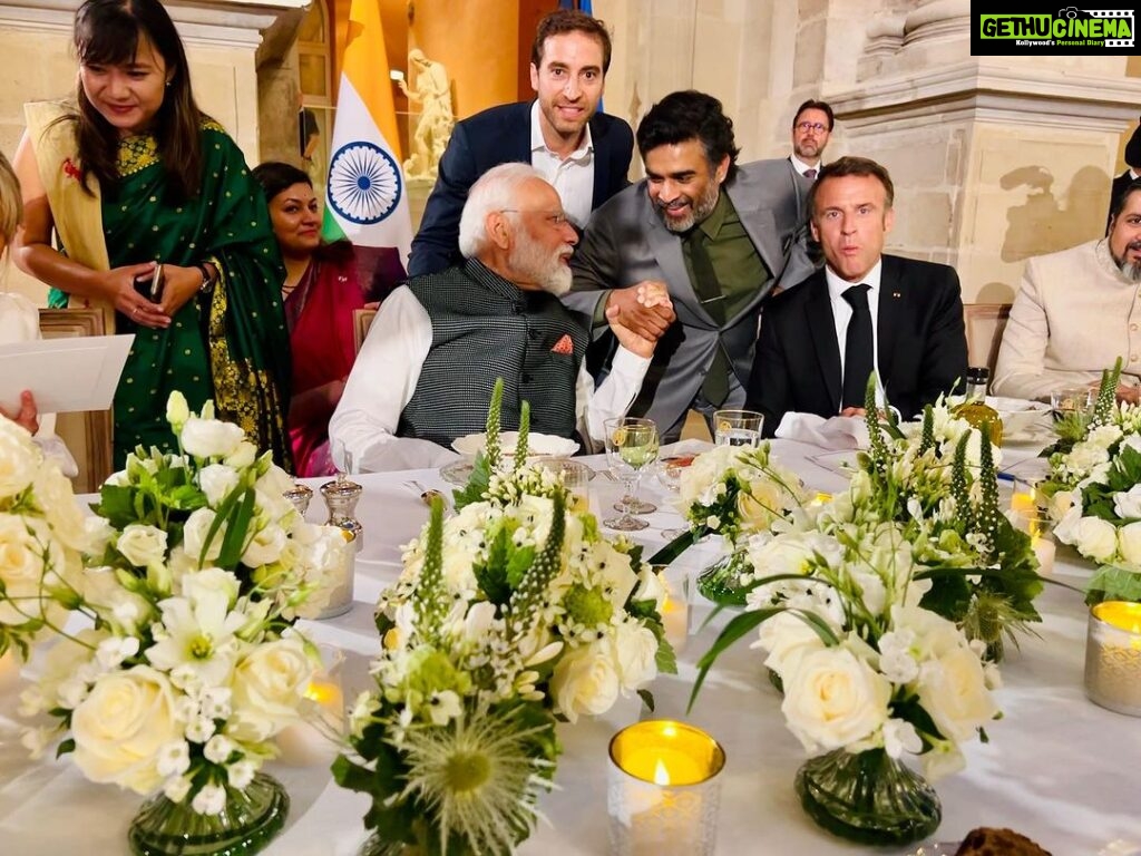 R. Madhavan Instagram - The passion and dedication to do good for the Indo French relationship, as well as for the people of both countries was palpable and intense during the Bastille day celebration in Paris on the 14th of July 2023. I was in complete awe at the dinner hosted by the President Emmanuel Macron in honor of our Honorable, Prime Minister Shri Narendra Modi at the Louvre, of both these world leaders, as they passionately described their vision for the future of these two great friendly nations. The positivity and mutual respect in the air was like a loving embrace. I sincerely pray that their vison and dreams bear fruit for all of us at the desired and appropriate time. President Macron eagerly took a selfie for us while our Honorable Prime Minister very graciously and sweetly stood up to be part of it.. a moment that will be forever etched in my mind for both the uniqueness and impact of that picture. Thank you President Macron and Modi Ji for the incredible lesson on grace and humility. May France and India forever prosper together .🇮🇳🇫🇷 Also 14th July 2023 also marked yet another fantastic and successful launch of Chandrayaan 3 with the unfailing Vikas engine built with the help of SEP France by Shri Nambi Narayanan. Praying also for the succes of their important and incredible mission. @narendramodi @emmanuelmacron #bastilleday2023 #rocketrythenambieffect