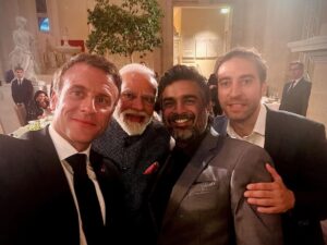 R. Madhavan Instagram - The passion and dedication to do good for the Indo French relationship, as well as for the people of both countries was palpable and intense during the Bastille day celebration in Paris on the 14th of July 2023. I was in complete awe at the dinner hosted by the President Emmanuel Macron in honor of our Honorable, Prime Minister Shri Narendra Modi at the Louvre, of both these world leaders, as they passionately described their vision for the future of these two great friendly nations. The positivity and mutual respect in the air was like a loving embrace. I sincerely pray that their vison and dreams bear fruit for all of us at the desired and appropriate time. President Macron eagerly took a selfie for us while our Honorable Prime Minister very graciously and sweetly stood up to be part of it.. a moment that will be forever etched in my mind for both the uniqueness and impact of that picture. Thank you President Macron and Modi Ji for the incredible lesson on grace and humility. May France and India forever prosper together .🇮🇳🇫🇷 Also 14th July 2023 also marked yet another fantastic and successful launch of Chandrayaan 3 with the unfailing Vikas engine built with the help of SEP France by Shri Nambi Narayanan. Praying also for the succes of their important and incredible mission.  @narendramodi @emmanuelmacron #bastilleday2023 #rocketrythenambieffect