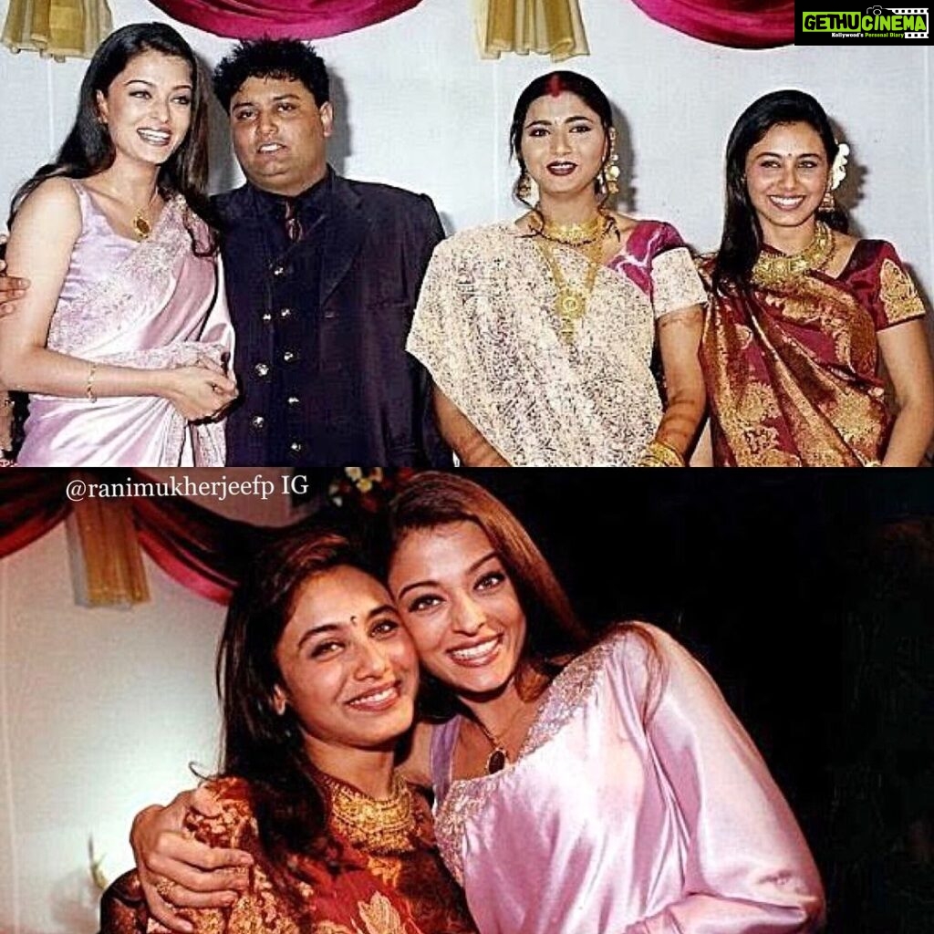 Rani Mukerji Instagram - Rani and Aishwarya at @raja_ram_mukerji and @jyotimukerji ‘s wedding ❤️. First off, Rani looks so stunning and innocent, look at the flowers behind her ear, epitome of beauty 😍! And her and Aish, literally love how they’re like besties in that pic!! ❤️❤️
