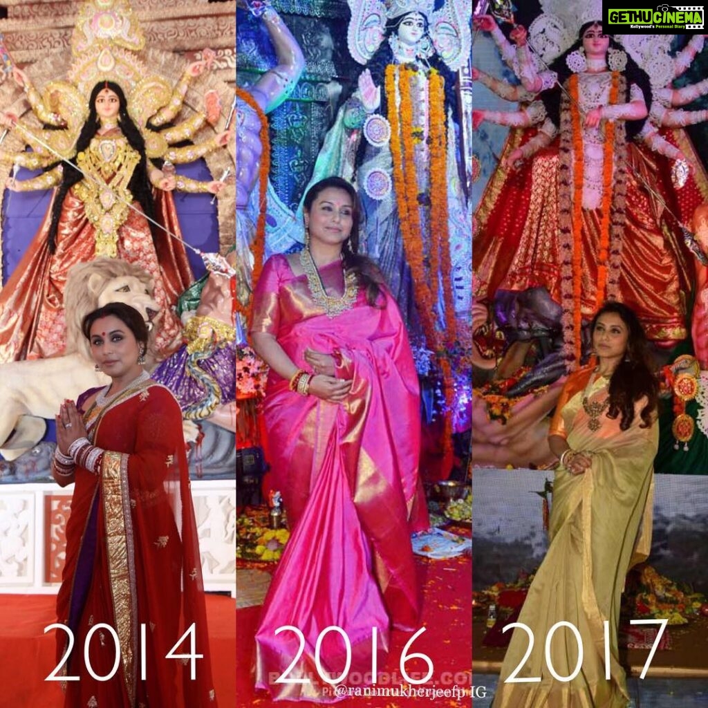 Rani Mukerji Instagram - Rani’s looks at the pandals for the last three years at Durga Puja ❤️. Who’s excited to hopefully see her for Durga Puja and Sindoor Khela!!!!!? I know I am, hopefully she’ll be back from China 🙏🏽🤲🏽