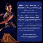 Rukmini Vijayakumar Instagram – Upcoming Workshops in the USA. 

Houston 
Sept 16th & 17th
(Learn “Ranjanimala” a beautiful Stuti on Devi )
tattvamasi2015@gmail.com 
@tattvamasiatx

NYC
Charis & Adavus
(Bharatanatyam dancers with 5 yrs min)
Sept 18th & 19th 
time: 6:30 – 9:30pm
admin@Lshva.in
Jayanthi (646) 464-1872

Albany
An Injury prevention Masterclass
(open to all)
October 3rd
Time: 5:30- 8:30 PM
sujoyinim@gmail.com
Sujoyini Mandal (857) 919-0246

Bay Area
Choreography & Nritta exploration
October 29th 
Time: 9:00 am – 11:30 am / 11:30 am -1:00 pm/ 2:00 pm – 6:00 pm 
anubhavaculturalexchange@gmail.com 
Vaishu Raj (972) 805-7056

Seattle
Injury prevention and alignment ( all levels) 
Charis & Adavus (Int-adv dancers) 
Oct 30th & 31st 
Time: 5:00 – 6:00 pm & 6:30 – 9:30 pm 
piyali.dance@gmail.com/ chavik@pratidhwani.org 

Detroit 
Charis & Adavus ( all levels) 
Nov 1st & 2nd
Time: TBD
chitrami12@gmail.com | 248-238-6519
@dance.with.chitra | @detroitadavu

#bharatanatyam #indiandance #dancer #classicalindiandance #UStour #bharatnatyam