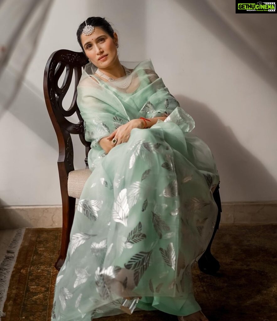 Sagarika Ghatge Instagram - A minimalistic clothing label to summarise the true beauty and elegance of a bygone era . @akuteebysagarika Pastel mint silk organza saree with all over palash foil motifs Shop the look on www.akutee.co.in ( link in bio) 📸 @sprinkledwords