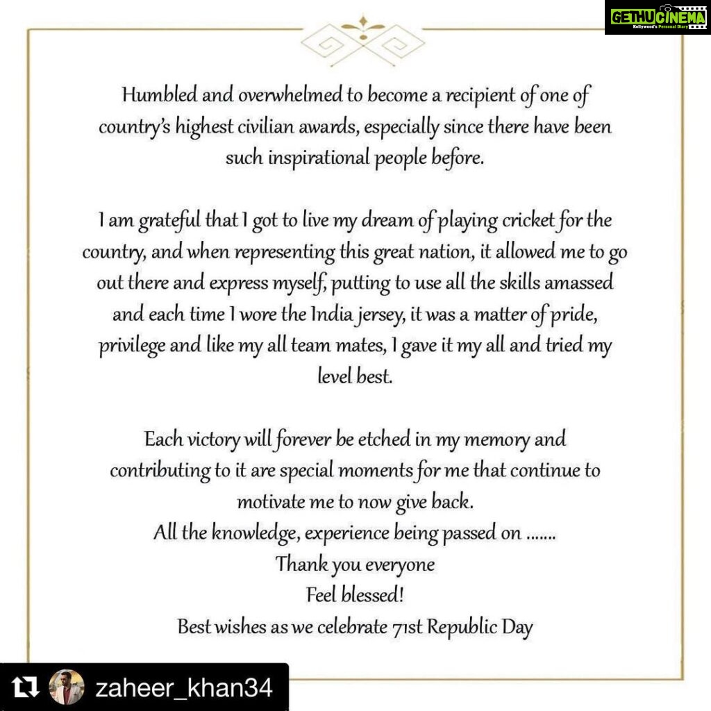 Sagarika Ghatge Instagram - 🙏 #Repost @zaheer_khan34 with @get_repost ・・・ 🙏#PadmaAwards2020 @padmaawards