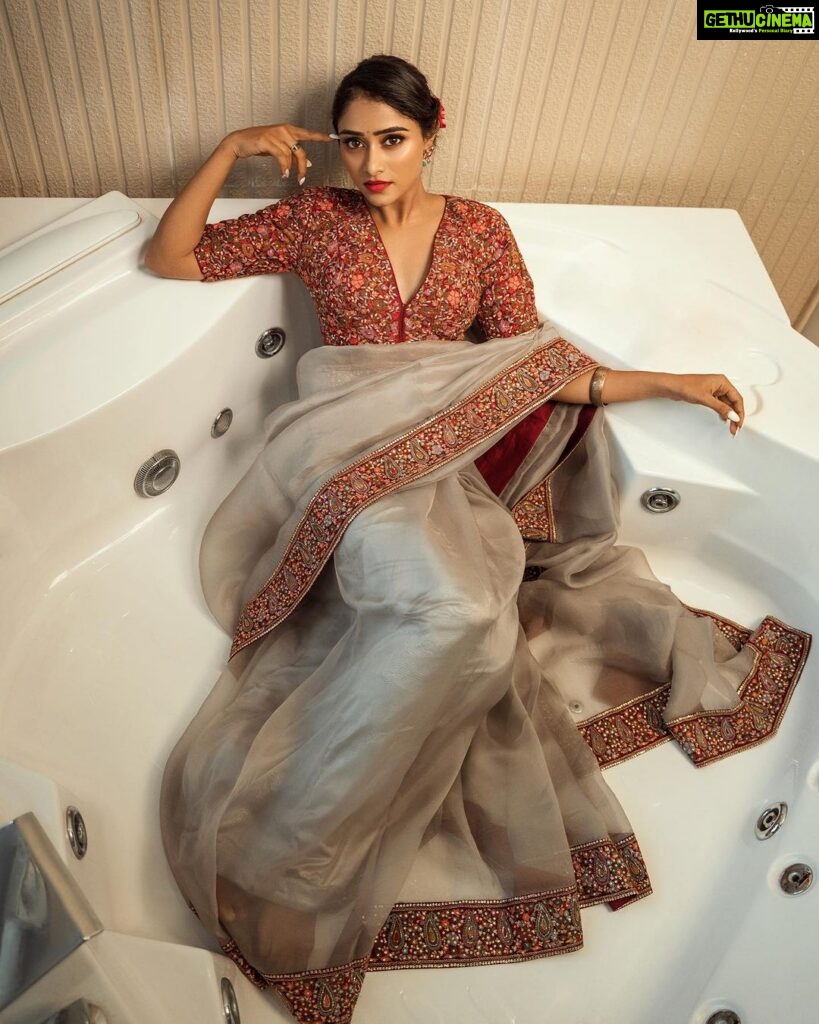 Sangeetha Sringeri Instagram - Elegance never goes out of style✨ Styled by: @styleline_bydee & @beingstyl Photography: @theportraitstudio_tps Outfit: @samyakkclothing MUA: @dheerajamakeovers Studio: @tps_spaces