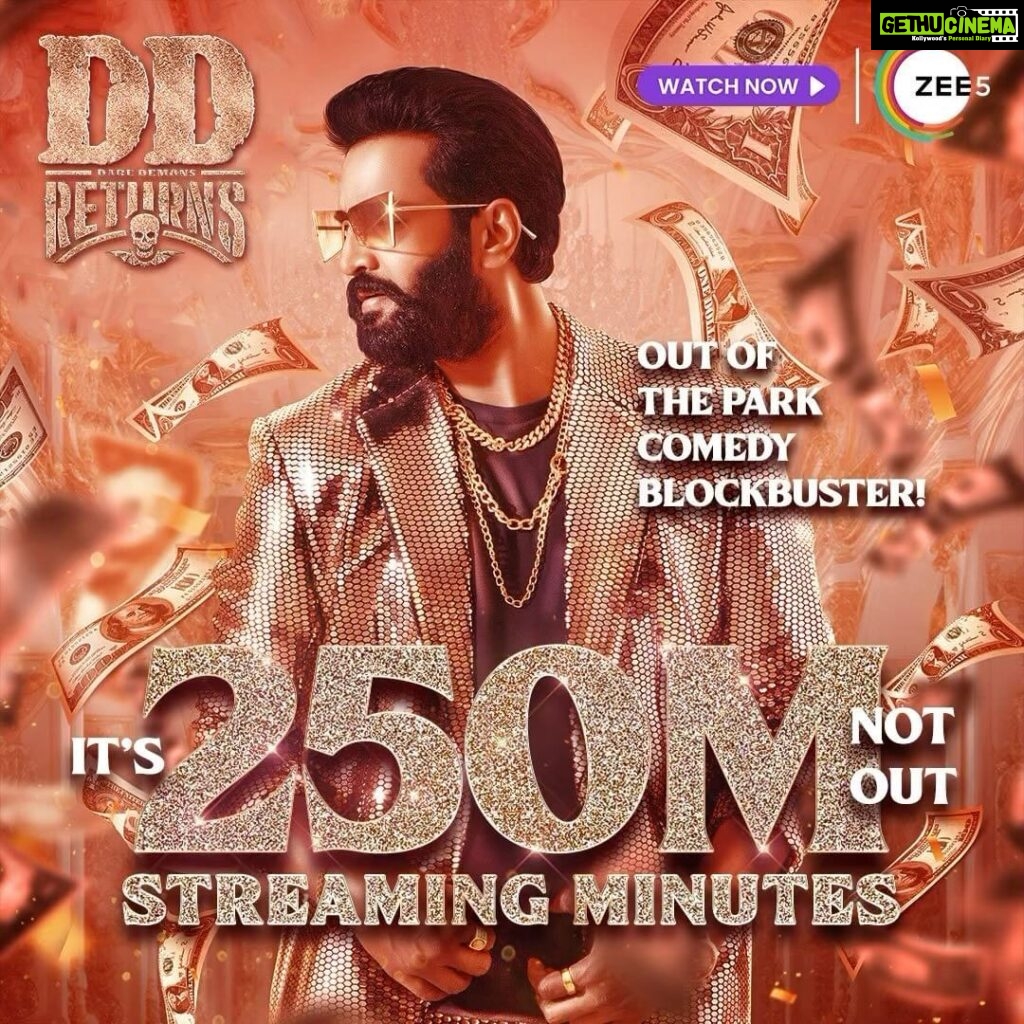 Santhanam Instagram - It’s 250M not out 🥳🔥 The biggest comedy blockbuster of the year #DDReturns is streaming now on ZEE5! ✨ @santa_santhanam @surofficial @premanand031 @masoomshankarofficial @thangadurai_actor #ddreturns #galattagang #santhanam #comedyking #zee5 #onlyonzee5 #santa #horrorcomedy #horror #comedy #tamilmovie