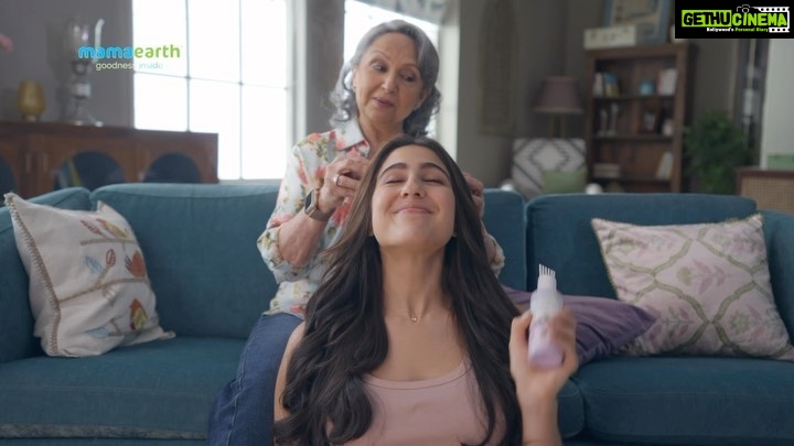 Sara Ali Khan Instagram - I am so delighted to have tried Mamaearth’s Rosemary Hair Oil that not just reduces hair fall but also grows new hair 🪄 🤩 And of course, Badi Amma’s champi is the cherry on top 🍒 @mamaearth.in #Mamaearth #RosemaryHairOil #partnership