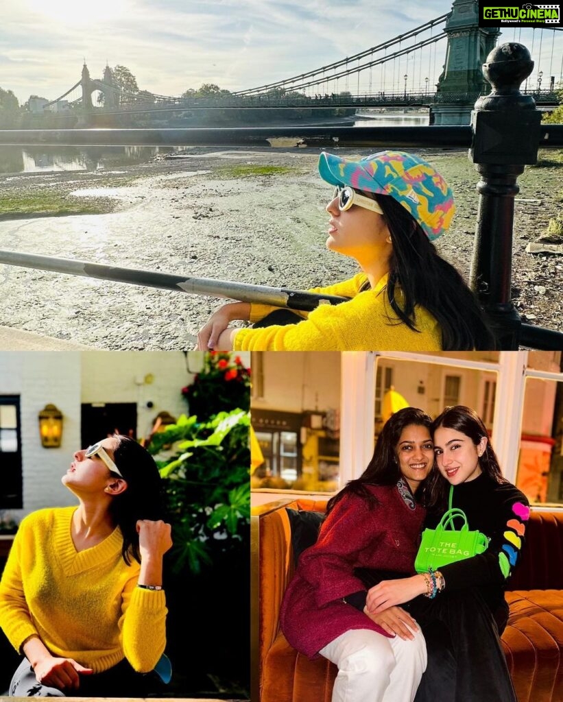 Sara Ali Khan Instagram - Villains in Villayat 🇬🇧 Kabhi workout ya coffee ☕🏋‍♀ Kabhi breaking diet 🍕🎂🍰 But all the while- my bright bold colours causing a riot 💛🧡💚💜💙💝 May mommy and me always paint the town red- that’s my true Aayat 🙏🏻🤲 London, United Kingdom