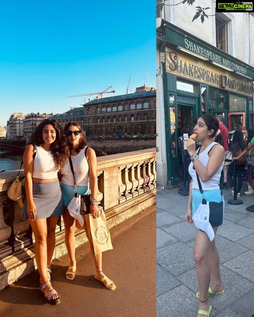 Sara Ali Khan Instagram - Coffee, culture and sunsets 🌇 ☕🎨🖼🍫🥐🥐🍓🍒 A frothy almond milk cappuccino, walks to louvre- with mandatory coffee, chocolate and pop up art gallery stops, gym sessions & jam binges… Sunsets and moon rises behind the Eiffel Tower, and under the Eiffel Tower and on!!!… afternoon strolls with mommy & monet🌷 evening ones with Shakespeare & co.. 📚 And our extremely embarrassing and hazardously heavy exit 🚂🚆 au revoir Paris 🇫🇷💘 #paris #hotellutetia @hotellutetia @thesetcollectionofficial @thetravelbusco Paris, France