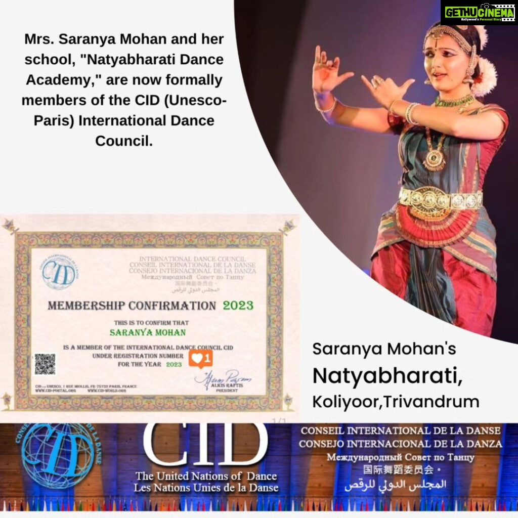 Saranya Mohan Instagram - I'm pleased to share this news. Mrs. Saranya Mohan and her school, "Natyabharati Dance Academy," are now formally members of the CID (Unesco-Paris) International Dance Council. CID is the official umbrella organization for all forms of dance in all countries of the world.It is a non-governmental organization founded in 1973 within the UNESCO headquarters in Paris, where it is based.Its members are the most prominent federations, associations, schools, companies and individuals in over 170 countries. CID cooperates with national and local governments, international organizations and institutions. CID is official partner of UNESCO, the United Nations Educational, Scientific and Cultural Organization.
