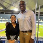 Sastika Rajendran Instagram - I am sure everyone knows why we are smiling! Hello from Shortie of #ILT20 😅😅😅 Sharjah Cricket Stadium