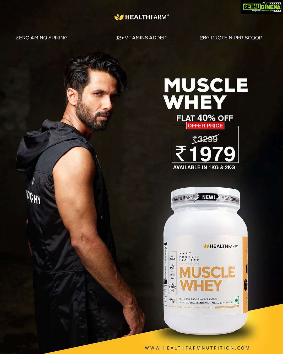 Shahid Kapoor Instagram - Empower Your Fitness Journey with HealthFarm Muscle Whey Protein β The Ultimate Catalyst for Muscle Building, Endurance, and Strength! πͺ Product Specifications: 26g of protein per serving 12+ essential vitamins and minerals O amino spiking substance