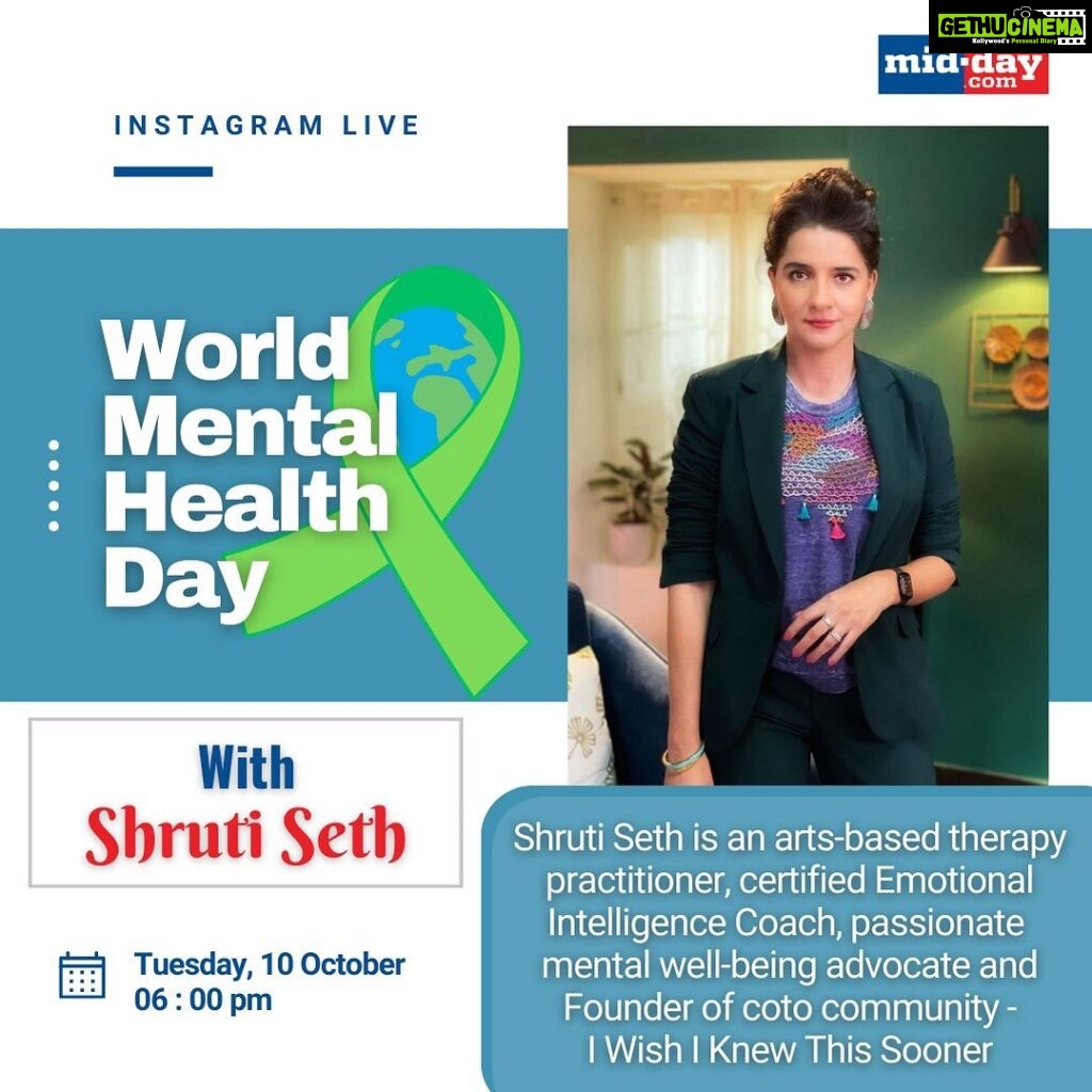 Shruti Seth Instagram - Join in for an exclusive Instagram Live on World Mental Health Day with Shruti Seth on Tuesday, 10th October 2023. Shruti Seth is an arts-based therapy practitioner, a certified Emotional Intelligence Coach, a passionate mental well-being advocate, and the Founder of Coto Community - 'I Wish I Knew This Sooner @shru2kill #shrutiseth #instalive #exclusive #worldmentalhealthday #cotocommunity #iwishiknewthissooner