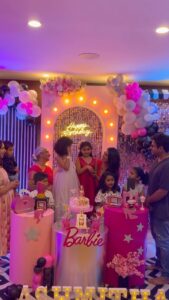 Shwetha Srivatsav Instagram - From the birthday event of my little Babie Doll @ashmitha.srivatsav 
Decor : @itsthefunctionjunction ,Thank you for this lovely Barbie theme 🤗❤️🥳🎂🎉!! 
#birthday #july21st #ashmithasrivatsav #6yearsold #barbie #cutedoll #themeparty #kids #toddler