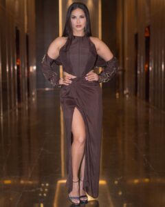 Sunny Leone Instagram - Awards night! Outfit by @nirmooha Earrings by @goldenwindow Rings by @esmecrystals @ascend.rohank Styled by @hitendrakapopara Style team @tanyakalraaa Hmu @scottfbeauty @jeetihairtstylist