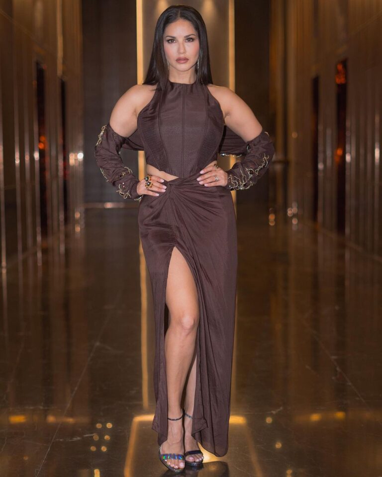 Sunny Leone Instagram - Awards night! Outfit by @nirmooha Earrings by @goldenwindow Rings by @esmecrystals @ascend.rohank Styled by @hitendrakapopara Style team @tanyakalraaa Hmu @scottfbeauty @jeetihairtstylist