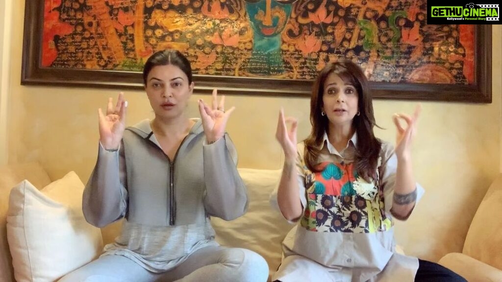 Sushmita Sen Instagram - #destress with @vrindaofficial 😇❤️ #diaphragmaticbreathing 🤗Thank you Vrinda for sharing & teaching this precious gift of practice!!! Simple yet so powerful!!🙏 #beginners 😊 7 deep Diaphragmatic breaths…Deep inhale from the nose…Longer exhale from the mouth. A beautiful calm follows!!😇🤗❤️ Once you experience the feeling…you will very naturally practice more breaths…leading to inhaling infinite possibilities & exhaling stress!! Try it & see how YOU feel!!😁🤗💃🏻 #sharing #hope #happiness #peace #love #teacher #prana 🌈😍 I love you guys beyond!!! #duggadugga 💋