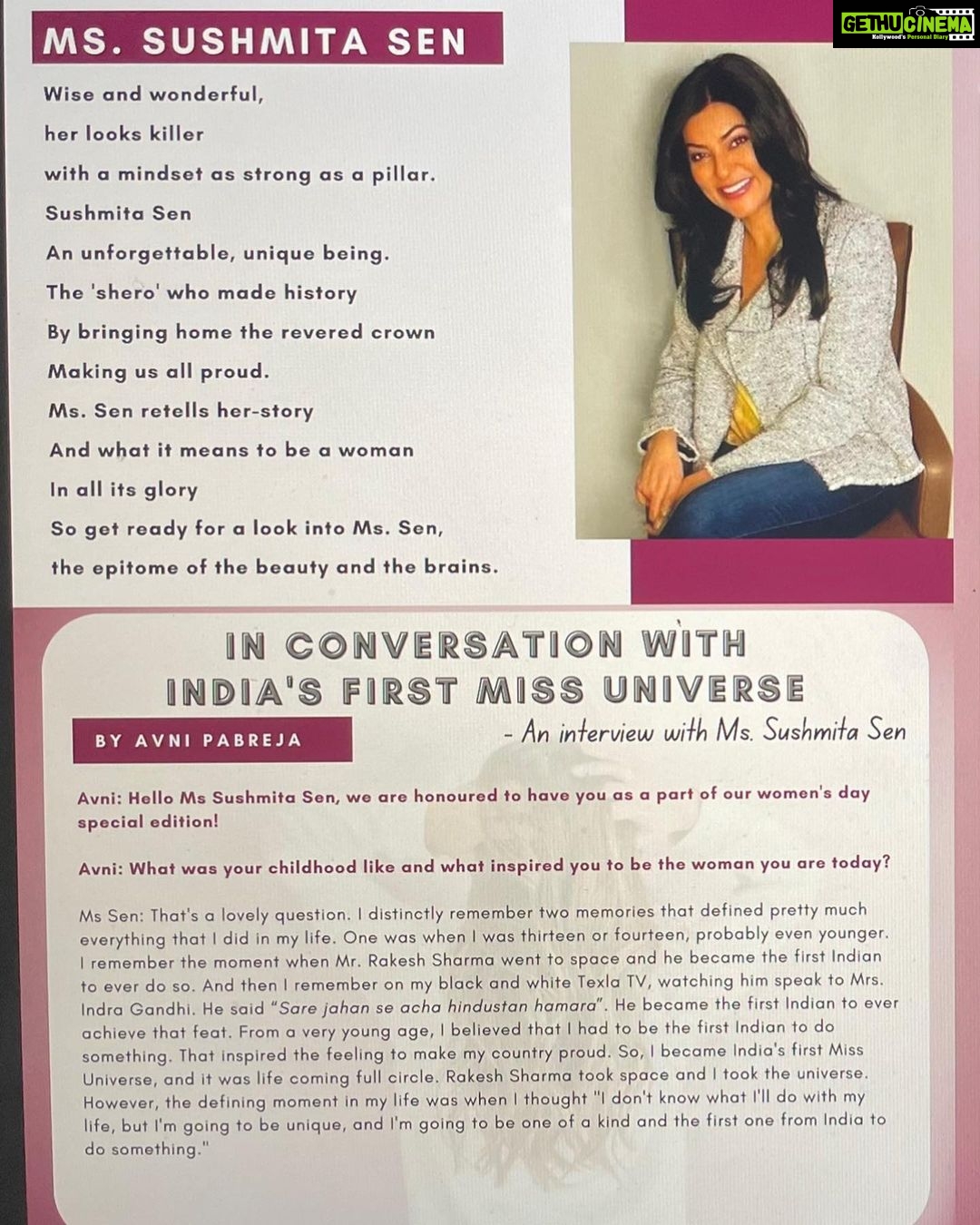 Sushmita Sen Instagram - I proudly present to you my favourite interview!!๐๐โค๏ธ๐ค This is done for Alisahโs School Magazine by the students of the Editorial club. ๐ I was interviewed by a well spoken, superrrr cute grade six student, Avni Pabreja ๐๐คโค๏ธ My hats off to their research, line of questioning & just the depth of their desire to learn!๐๐ค I spoke my heart out of course โฆand then followed the tedious process of transcripts!๐๐ They braved that too!! I love the poem by Adam Attariโฆhow magically he writes!! No wonder Children are my favourite peopleโฆthey bring out such love, kindness, goodness & hope each time!! What a priviledge to be interviewed by them!๐๐โค๏ธ #sharing #honesty #potential #pride #wonder #children ๐๐ Happy Reading!! I love you guys!! #duggadugga ๐๐ถ proud of you Alisah!!!๐
