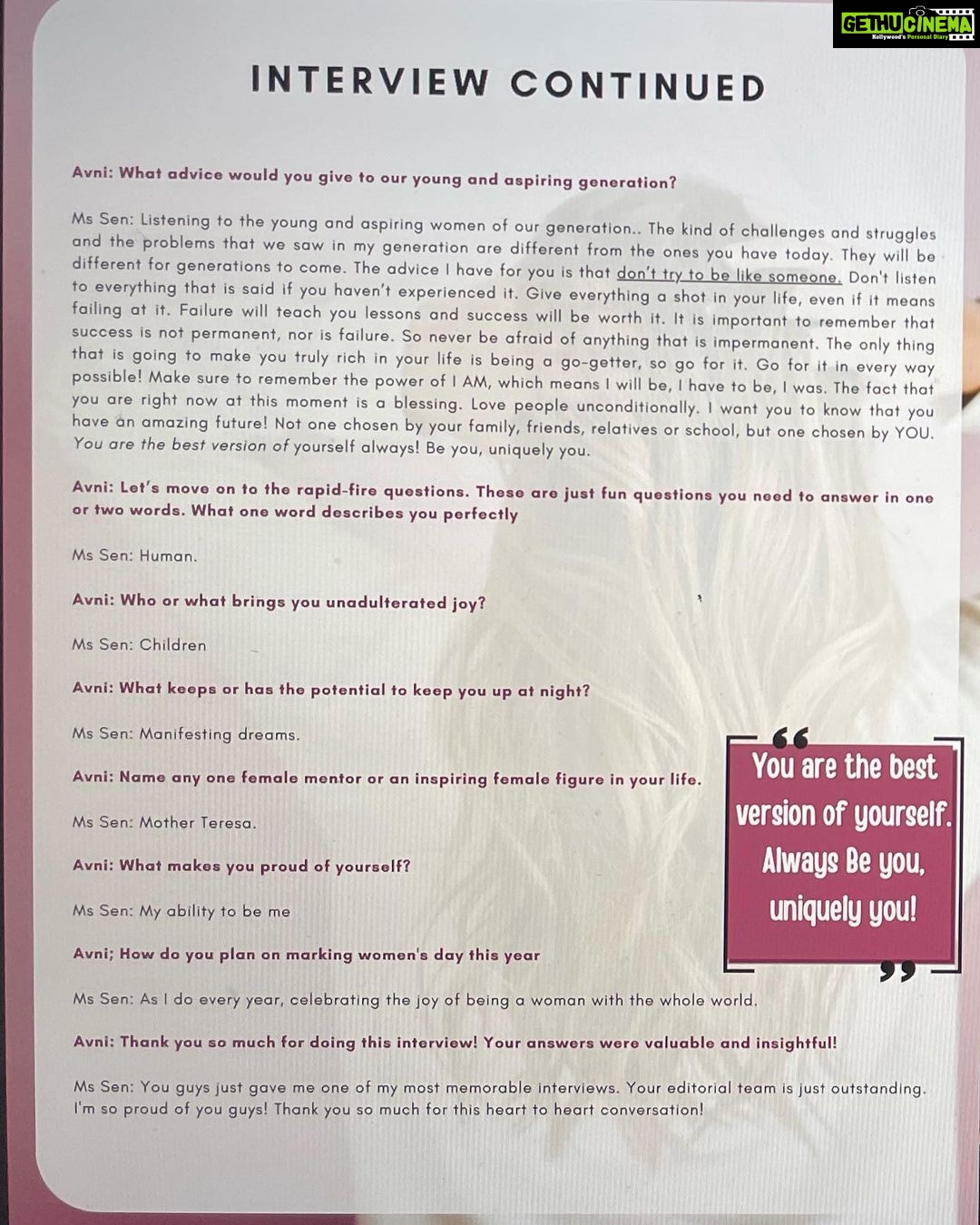 Sushmita Sen Instagram - I proudly present to you my favourite interview!!๐๐โค๏ธ๐ค This is done for Alisahโs School Magazine by the students of the Editorial club. ๐ I was interviewed by a well spoken, superrrr cute grade six student, Avni Pabreja ๐๐คโค๏ธ My hats off to their research, line of questioning & just the depth of their desire to learn!๐๐ค I spoke my heart out of course โฆand then followed the tedious process of transcripts!๐๐ They braved that too!! I love the poem by Adam Attariโฆhow magically he writes!! No wonder Children are my favourite peopleโฆthey bring out such love, kindness, goodness & hope each time!! What a priviledge to be interviewed by them!๐๐โค๏ธ #sharing #honesty #potential #pride #wonder #children ๐๐ Happy Reading!! I love you guys!! #duggadugga ๐๐ถ proud of you Alisah!!!๐