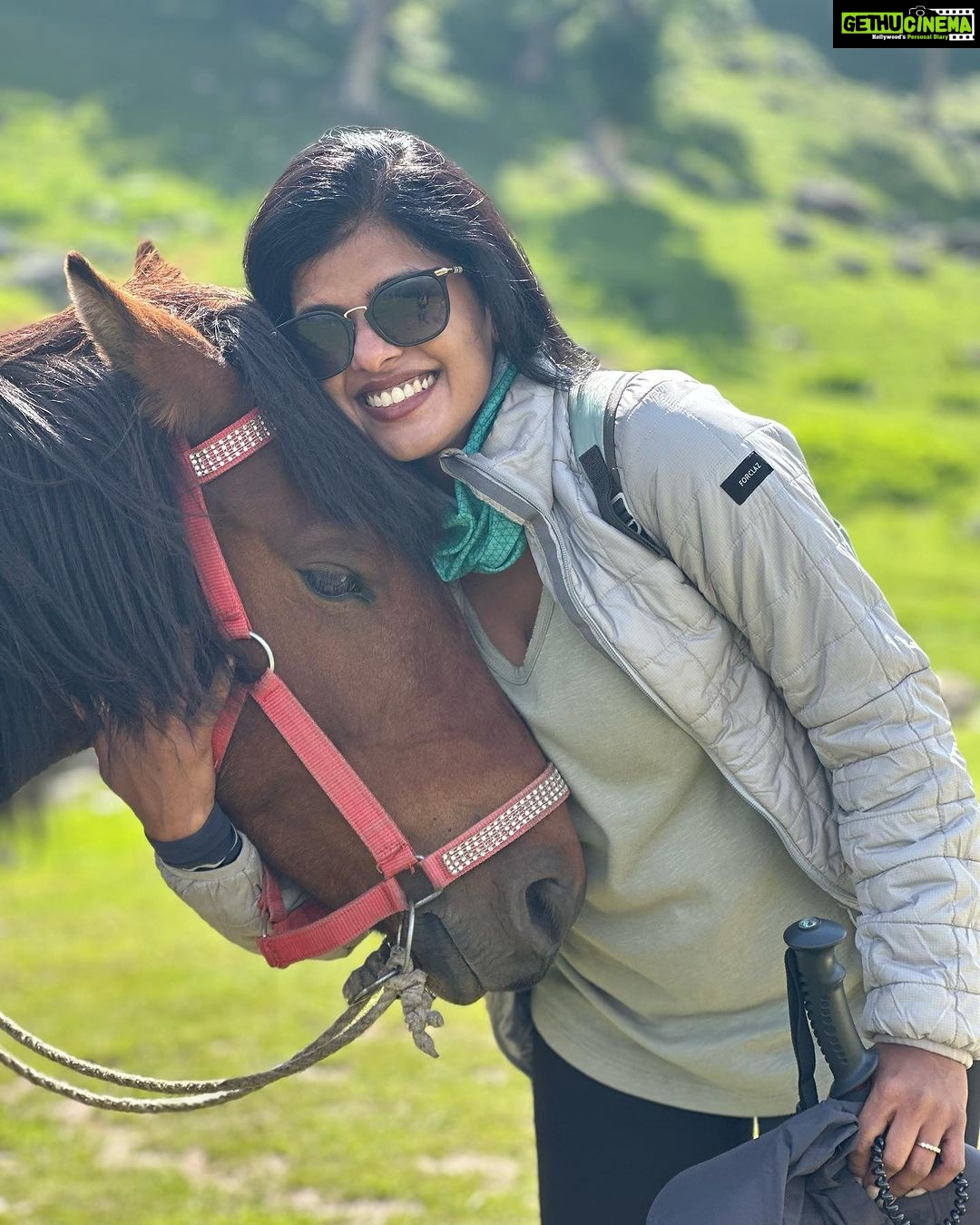 Swagatha S Krishnan Instagram - Meri Rani ♥️🐴 my smartest & naughtiest trek partner. Thanks to her, ther ll soon be numerous horses trotting around my farm . Thanks to @bluesheepadventures @muzafiraonthemountains for guiding me on this life changing experience with the Kashmir Great Lakes Trek . Kashmir , Zu Vandai ♥️ Thanks da amar @camera_with_wings for photograph-ing this beautiful moment. #trek #mountains #kashmir