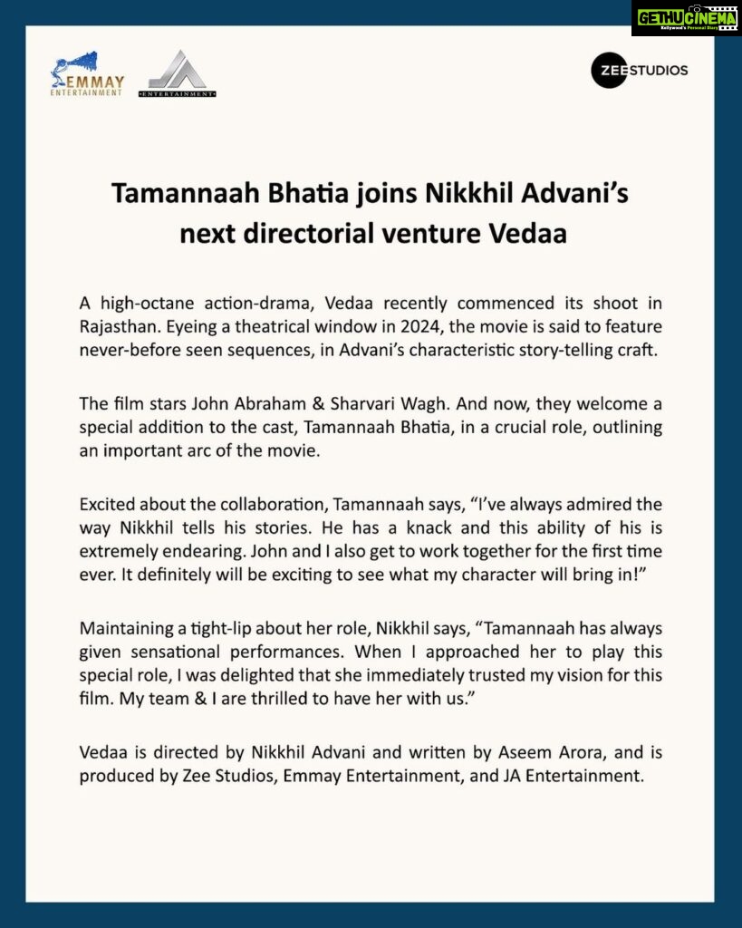 Tamannaah Instagram - Thrilled and grateful to embark on this exciting new journey with the #Vedaa family for a very special role! Can’t wait to work alongside this amazing cast and crew. 💫💫💫 @thejohnabraham @sharvari @nowitsabhi @nikkhiladvani @shariq_patel @onlyemmay @madhubhojwani @minnakshidas @aseemarrora @zeestudiosofficial @emmayentertainment @johnabrahament
