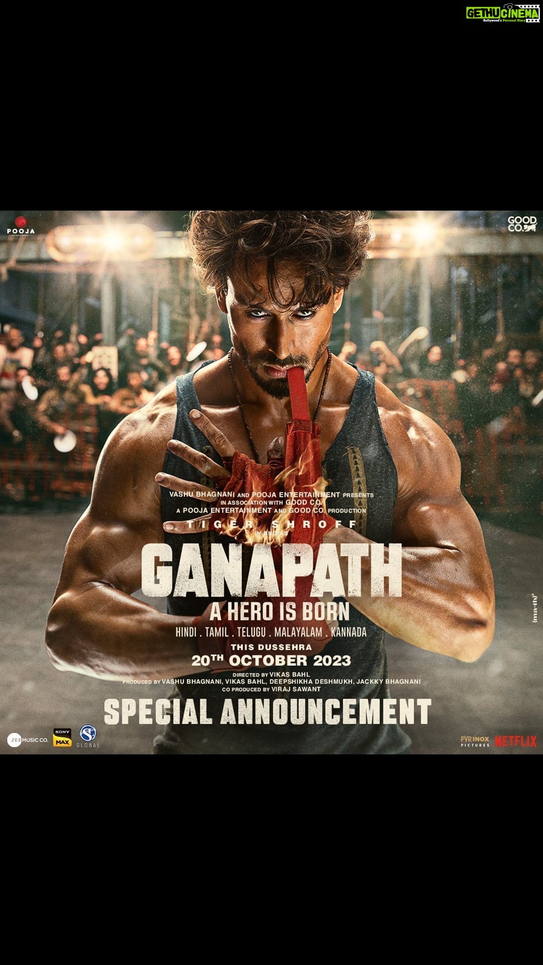 Tiger Shroff Instagram - Duniya Badal ne ke liye duniya ko badalna padta hai ! Teaser out on the 27th❤️ #Ganapath in cinemas this Dussehra, 20th October #GanapathTeaserOn27thSept @amitabhbachchan @vashubhagnani @kritisanon @jackkybhagnani #VikasBahl @deepshikhadeshmukh @pooja_ent #GoodCo @slglobal001 @zeemusiccompany @vishalmishraofficial @elliavrram @ziadmbakri @girishkulkarni1 @rahman_actor actor @shruthymenon @jameel.mumbai @pvrpictures