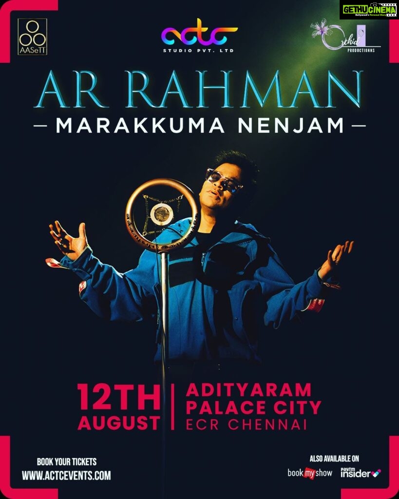 A. R. Rahman Instagram - The good news that I’ve been waiting to give you all! I’m performing at home, Chennai, on the 12th of August at Adityaram Palace City, ECR Chennai! Your infinite love for our concerts is truly appreciated! Booking Link: https://actcevents.com/marakkuma-nenjam-ar-rahman-live/ @actc_studio @actc_events @marakkumanenjam2023 @aasett_digital @orchid_productionns @insider.in @bookmyshowin @btosproductions Chennai, India