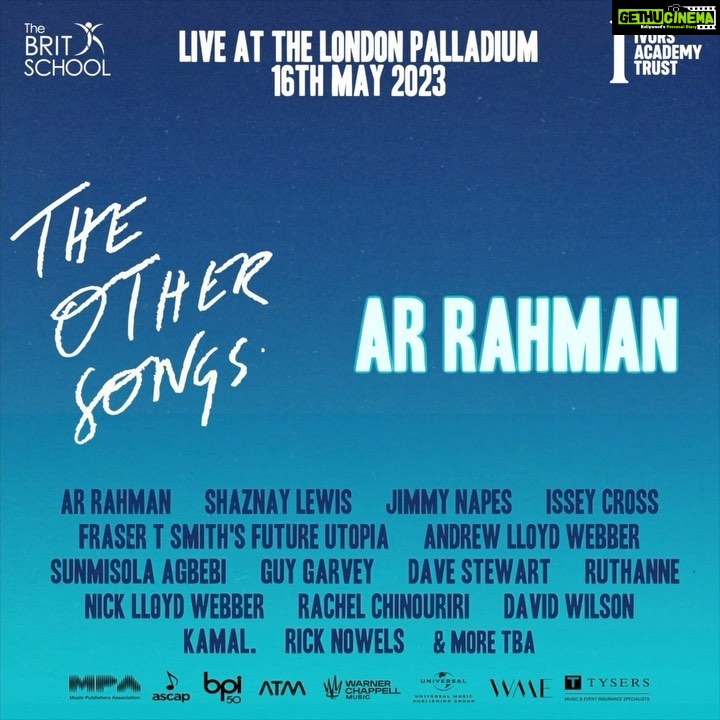 A. R. Rahman Instagram - Hello London! I am thrilled to announce that I will be performing live at The London Palladium as part of @TheOtherSongs & @TheIvorsAcademy celebration, which honors the world’s best songwriters and musicians. I’m particularly excited to see my friends @davestewarteurythmics , @andrewlloydwebber and @sunmisola_agbebi. Tickets are available now at http://theothersongs.com/GeneralSale