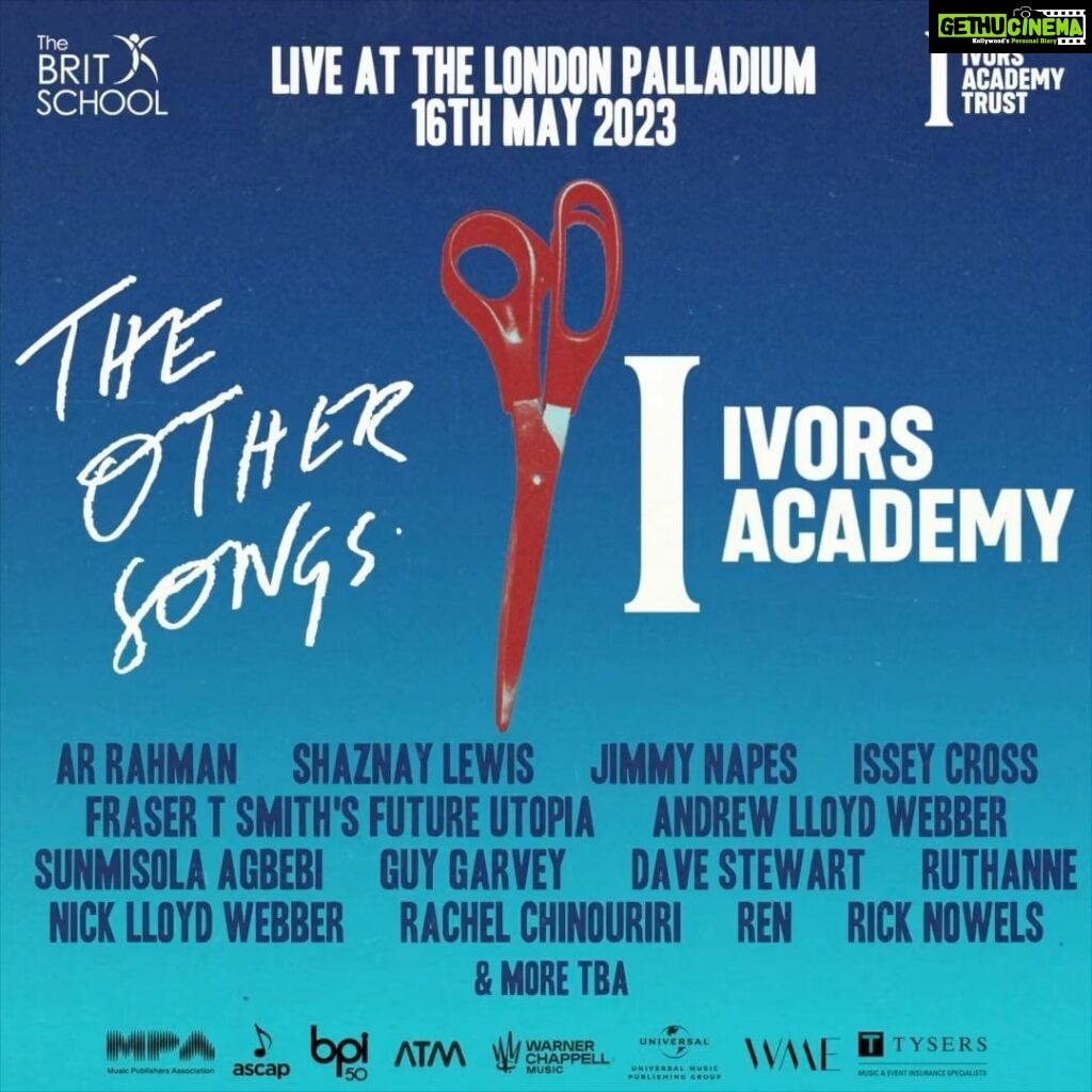 A. R. Rahman Instagram - Calling my UK family! I am thrilled to announce that I will be performing live at The London Palladium as part of @TheOtherSongs & @TheIvorsAcademy celebration, which honors the world’s best songwriters and musicians. I’m particularly excited to see my friends @davestewarteurythmics , @andrewlloydwebber and @sunmisola_agbebi. Tickets are available now at http://theothersongs.com/GeneralSale