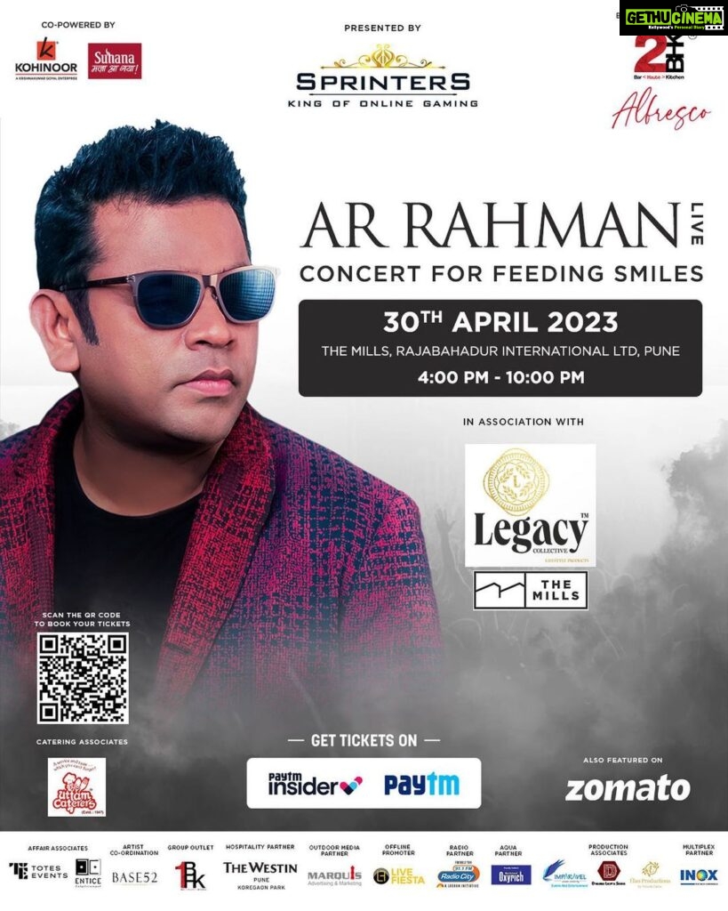 A. R. Rahman Instagram - Pune! The countdown has begun! We’re just a few days away from meeting you all at the concert! We’re making a special set list and we’d love to get your suggestions! Get your tickets now on @insider.in @heramb.shelke @1bhksuperbar @2bhkdinerkeyclub @sprintersonline @kohinoorgrouppune @suhanataste @uttamcaterers @legacycollectiveindia @themillspune @btosproductions