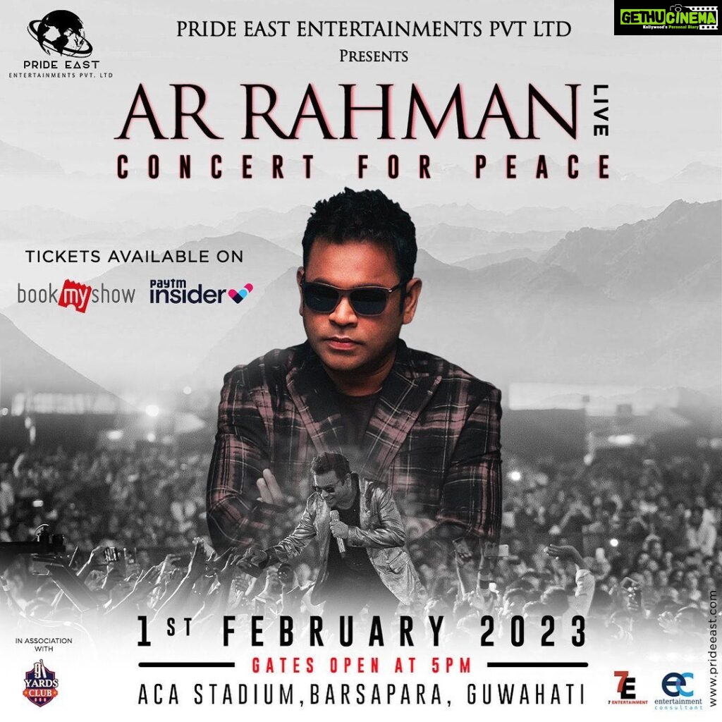 A. R. Rahman Instagram - Excited about my first ever concert in Guwahati! Looking forward to meeting you all beautiful music lovers! Tickets now available on @bookmyshowin and @insider.in @newsliveghy @rang_channel @nelivetv @ramdhenu_tv @niyomiya_barta @sevenentertainment @btosproductions #ARRahman #ARRahmanLive #ARRLive #ConcertForPeace #PrideEastEntertainmentsPvtLtd #ACAStadium #Barsapara #Guwahati #Assam #NewsLive #Rang #Ramdhenu #NortheastLive