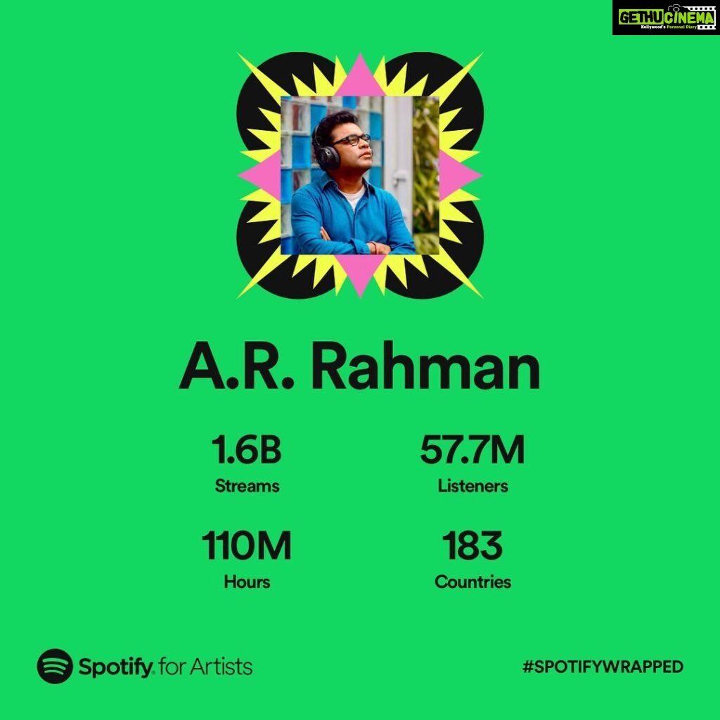 A. R. Rahman Instagram - #எல்லாப்புகழும்இறைவனுக்கே grateful to all the lyricists ,singers,directors,scriptwriters,producers ,the gifted artists involved in the movie songs , my loving team who work with me 24/7! And all Rahmaniacs 😍 #spotifywrapped #spotifyindia