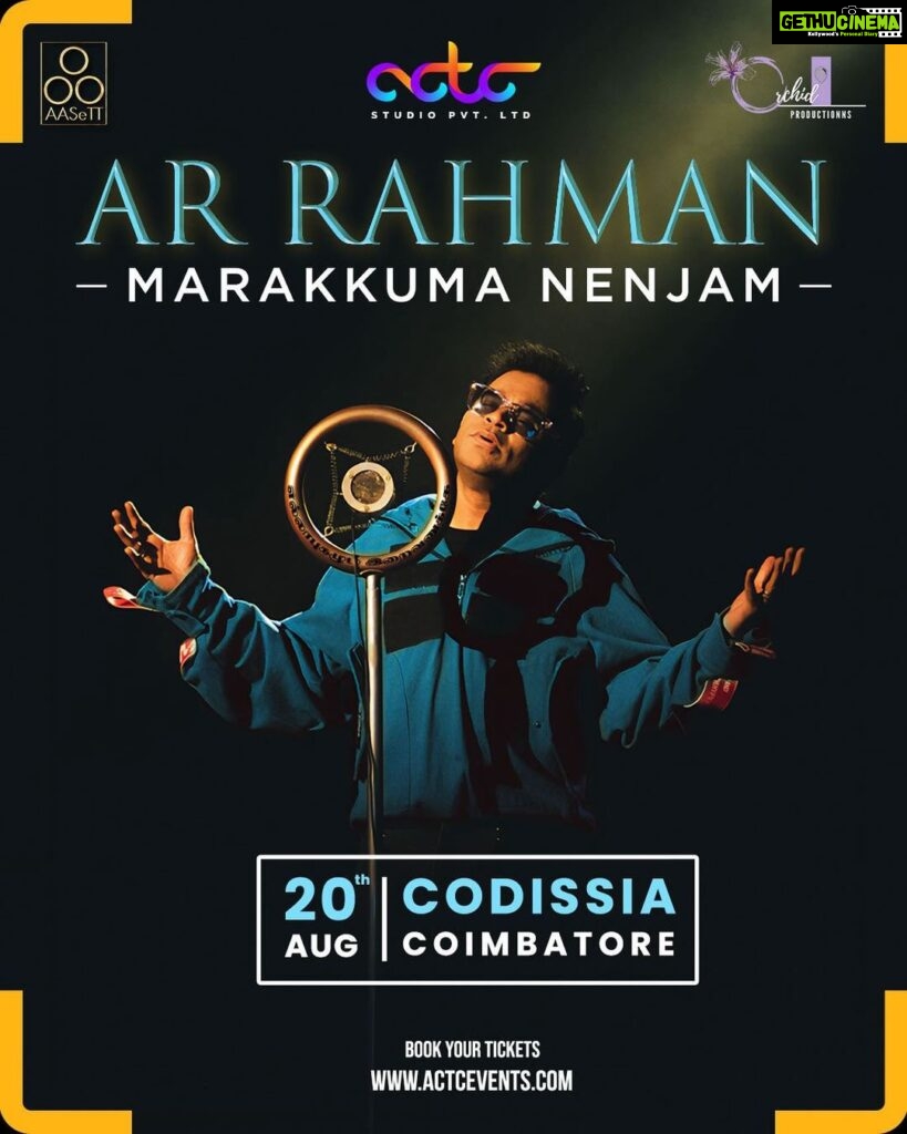 A. R. Rahman Instagram - Coimbatore! Here we come! After seeing the numerous requests from you, we’re adding a performance in your city on the 20th of August at Codissia! Join us! Book your tickets now: https://actcevents.com/marakkuma-nenjam-ar-rahman-live-coimbatore/ @actc_events @aasett_digital @orchid_productionns @BToSproductions #arrahman #arrlive #liveincoimbatore #MarakkumaNenjam #30YearsofRahmania #actcstudio #actcevents #aasett #orchidproductionns #coimbatore #codissia
