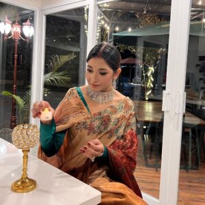 Aanchal Sharma Instagram - Simplicity and sophistication at the same time… Thank you mamu (in law) for this beautiful saree🧡🧡
.
.
HMUA @binjeeta_hairstylist @shrushaa 
Jewellery @sbd_nepal